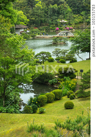 從廣島集景園月季峰看到的夏季日式庭園 從廣島集景園月季峰看到的夏季日式庭園 103155783