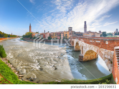 Amazing Verona cityscape view on the riverside with historical buildings and towers. 103156631