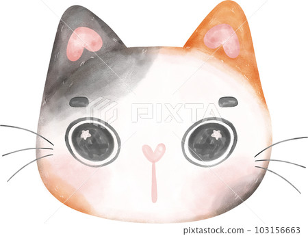 Cute cheerful calico kitten cat happy face cartoon character watercolour hand drawing 103156663