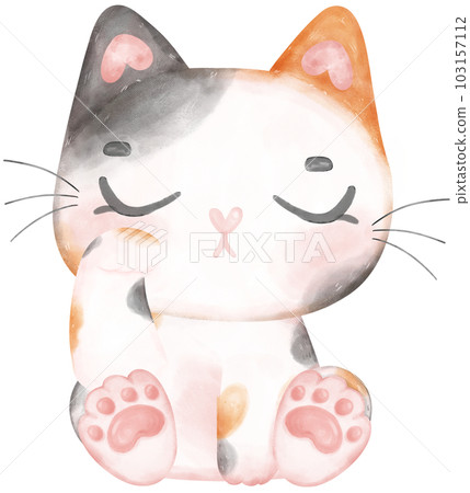 Cute playful calico kitten cat happy cartoon character watercolour hand drawing Cute playful calico kitten cat happy cartoon character watercolour hand drawing 103157112