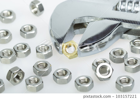 Metallic hex nuts and an adjustable wrench. Steel nuts and one brass 103157221