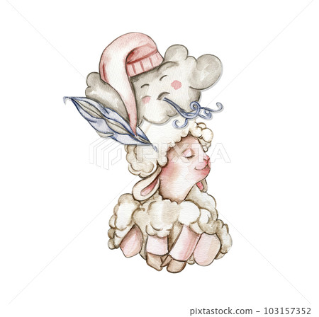 Cute white fluffy sheep sitting on the rainbow and clowds arround it. Illustration of farm baby animal . Perfect for wedding invitation,greetings card, poster, fabric pattern. 103157352