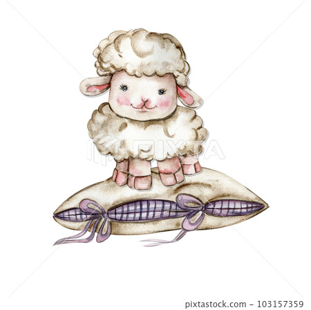 Cute white fluffy sheep sitting on the rainbow and clowds arround it. Illustration of farm baby animal . Perfect for wedding invitation,greetings card, poster, fabric pattern. Cute white fluffy sheep sitting on the rainbow and clowds arround it. Illustration of farm baby animal . Perfect for wedding invitation,greetings card, poster, fabric pattern. 103157359