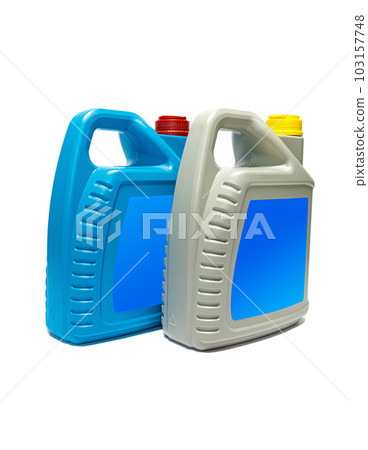 Plastic canister with compressor oil on a white background. 103157748