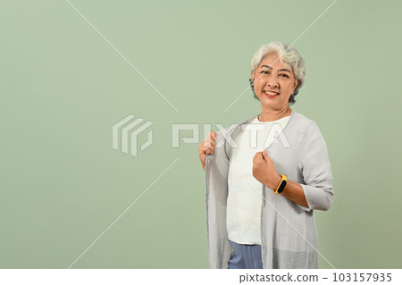 Positive gray haired senior woman posing over green pastel background and smiling to camera 103157935