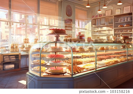 Inside a cake shop with lots of delicious-looking cakes: AI work Inside a cake shop with lots of delicious-looking cakes: AI work 103158216