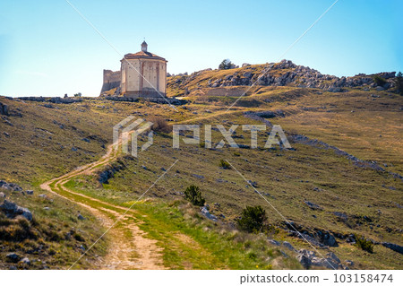 Italy old church Santa Maria della Pieta Rocca Calascio Gran Sasso National Park Abruzzo Italy old church Santa Maria della Pieta Rocca Calascio Gran Sasso National Park Abruzzo 103158474
