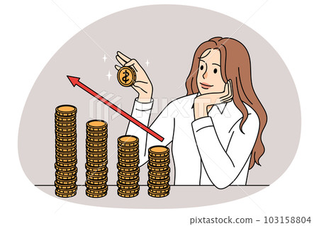 Successful businesswoman stacking coins Successful businesswoman stacking coins 103158804