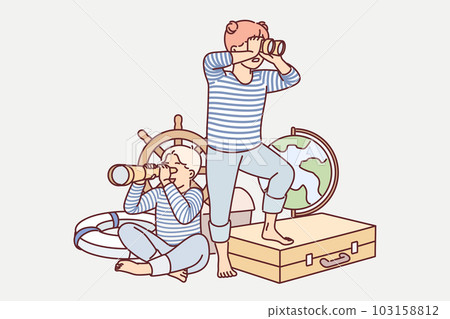 Children play sailors with vintage nautical things and dream of becoming travelers 103158812