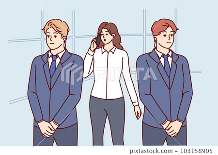 Two bodyguards near businesswoman talking on phone and needing protection due to personal threats Two bodyguards near businesswoman talking on phone and needing protection due to personal threats 103158905