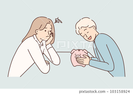 Couple shares finances after divorce and man laughs taking money into piggy bank from ex-wife 103158924