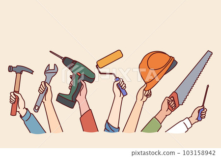 Hands of repair and construction specialists with working tools for safe and efficient work 103158942