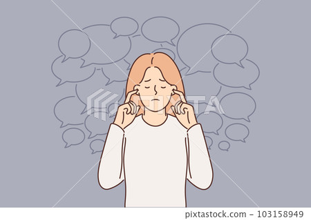 Frustrated woman does not want to hear opinions of others and closes ears from propaganda Frustrated woman does not want to hear opinions of others and closes ears from propaganda 103158949
