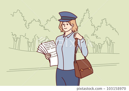Woman postman delivers newspapers and fresh press with news or letters for residents of city. Woman postman delivers newspapers and fresh press with news or letters for residents of city. 103158970