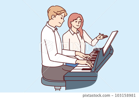 Man learns to play piano with woman teacher who tutors and gives private lessons Man learns to play piano with woman teacher who tutors and gives private lessons 103158981