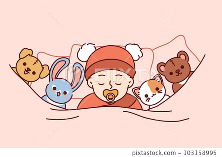 Newborn baby sleeps soundly in bed among toys or sucks on pacifier for concept of child care 103158995
