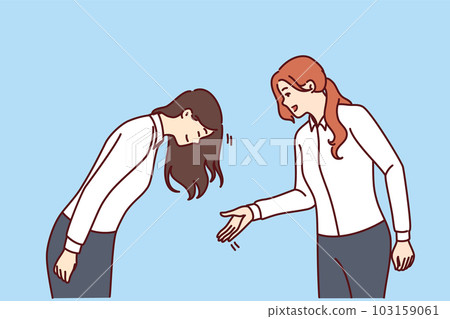 Woman greets asian colleague or potential business partner bows as sign of respect and loyalty 103159061