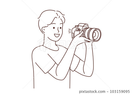 Smiling man with camera taking pictures  103159095