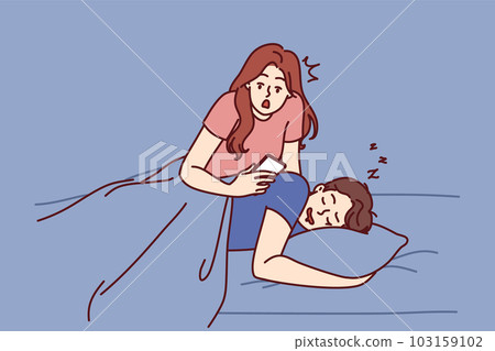 Jealous woman reads SMS in phone of boyfriend sleeping in bed and spies on husband  103159102