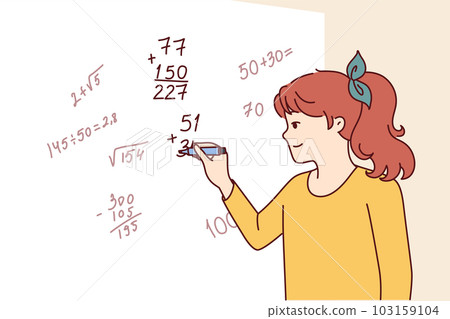 Teen girl writes complex mathematical formulas on blackboard participates in mathematics olympiad 103159104