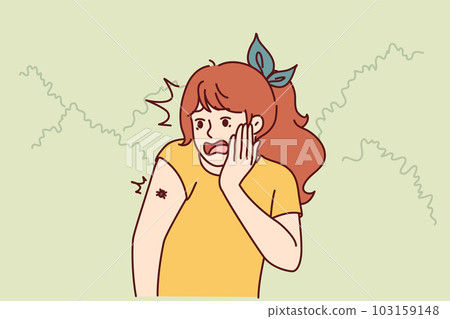 Frightened teenage girl with tick crawling on arm screams for fear contracting infection Frightened teenage girl with tick crawling on arm screams for fear contracting infection 103159148