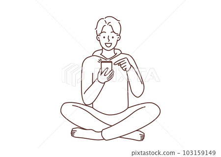 Smiling man using cellphone  103159149