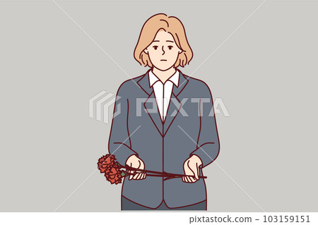 Sad woman with carnations for funeral ceremony expresses condolences after death of friend 103159151