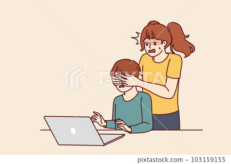 Teenage girl defends little brother who uses laptop and visits adult websites in internet 103159155