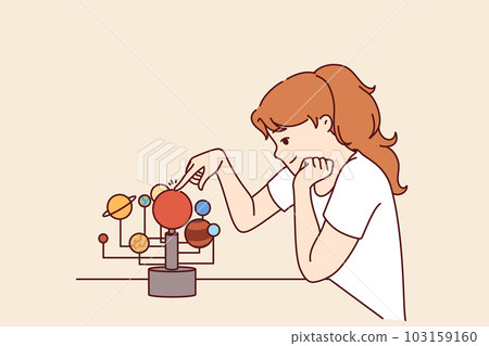 Little girl is studying solar system and location of planets in space, wanting to become astronomer 103159160