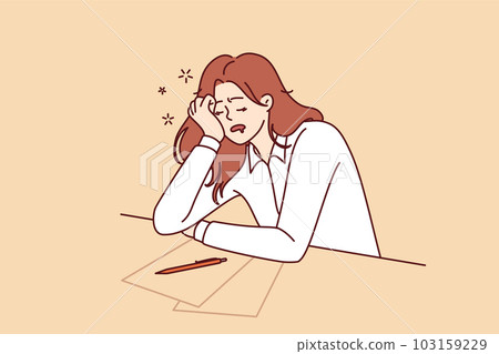 Tired girl student sleeps sitting at table with papers while preparing for exams Tired girl student sleeps sitting at table with papers while preparing for exams 103159229