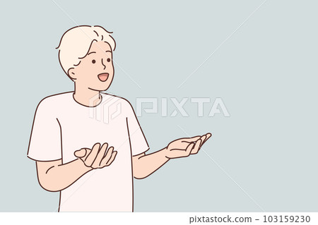 Surprised man smiles and spreads hands, rejoicing at meeting with friend from school Surprised man smiles and spreads hands, rejoicing at meeting with friend from school 103159230