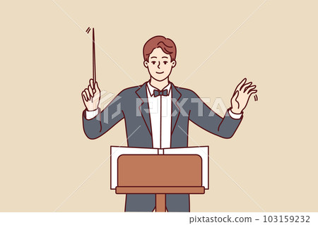 Man conductor participates in acoustic concert and helps orchestra perform classical symphony 103159232