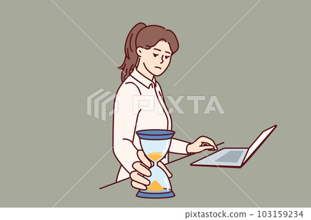 Busy woman with hourglass keeps track of time until deadline so as not to violate terms of contract 103159234