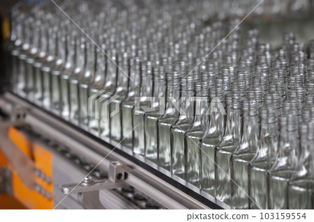 Glassworks. Glass industry. Many glass bottles on an industrial conveyor. 103159554