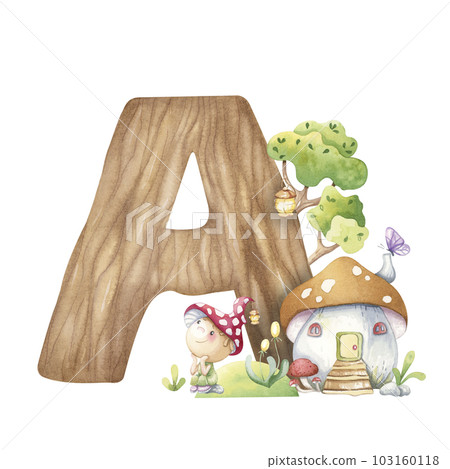 Children's cartoon fairy alphabet. Letter A. Watercolor. Children's cartoon fairy alphabet. Letter A. Watercolor. 103160118