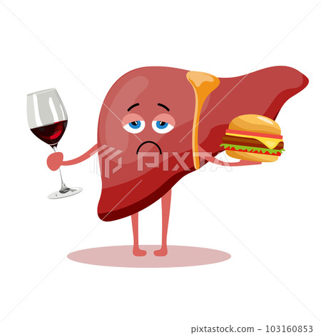 Cute cartoon character of unhealthy human liver with alcohol. Human anatomy, medical concept. Illustration, icon, vector Cute cartoon character of unhealthy human liver with alcohol. Human anatomy, medical concept. Illustration, icon, vector 103160853