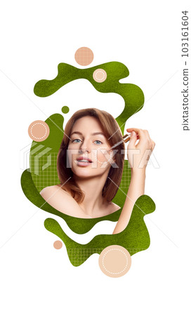 Tender, beautiful young woman with healthy, well-kept skin applying face serum, taking care after skin condition. Creative conceptual design. 103161604