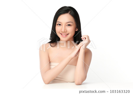 Beautiful young asian woman with clean fresh skin on white background, Face care, Facial treatment, Cosmetology, beauty and spa, Asian women portrait. 103163320