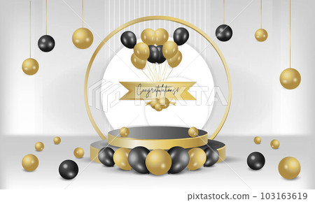realistic 3D Podium balloons Gold and black background birthday realistic 3D Podium balloons Gold and black background birthday 103163619