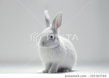 Front view of cute baby rabbits on white background , Little cute rabbits sitting with Lovely action on white, Generative Ai 103163784