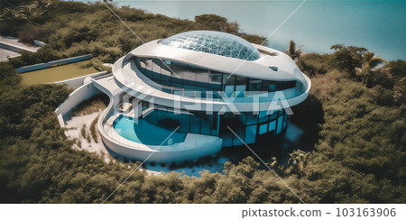 AI generative image of futuristic modern house among the lush woods close to sea 103163906