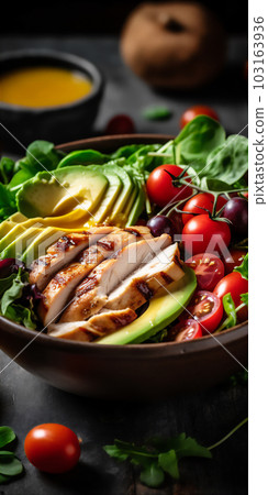 AI generative image of fresh colorful salad with meat, avocado and tomatoes 103163936