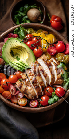 AI generative image of fresh colorful salad with meat, avocado and tomatoes AI generative image of fresh colorful salad with meat, avocado and tomatoes 103163937