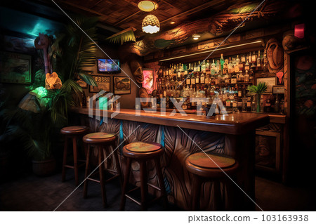 AI generative image of interior of themed Tiki Bar with its polynesian culture AI generative image of interior of themed Tiki Bar with its polynesian culture 103163938