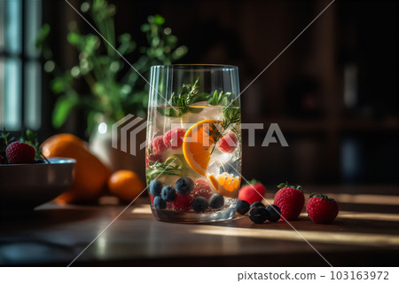 AI generative image of refreshing glass of clear water with berries on the table AI generative image of refreshing glass of clear water with berries on the table 103163972
