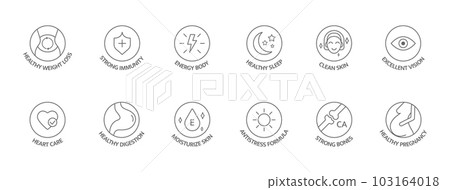 Healthy food supplement line icon set. Organic, vegan, bio product tag. Natural health vitamins, probiotics label for packaging. Detox diet badges. Nutrition sign. Clean skin. Vector illustration Healthy food supplement line icon set. Organic, vegan, bio product tag. Natural health vitamins, probiotics label for packaging. Detox diet badges. Nutrition sign. Clean skin. Vector illustration 103164018