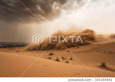Breathtaking sight of a vast sand dune, sculpted by the wind and sun, as far as the eye can see. Its barren and harsh surroundings, yet teeming with life and wonder. AI Generative. Breathtaking sight of a vast sand dune, sculpted by the wind and sun, as far as the eye can see. Its barren and harsh surroundings, yet teeming with life and wonder. AI Generative. 103164942