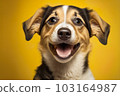 Happy puppy dog smiling isolated on isolated yellow background, Generative Ai 103164987