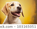 Happy puppy dog smiling isolated on isolated yellow background, Generative Ai 103165051