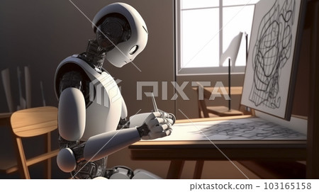 Artificial intelligence AI robot that draws a picture on a canvas "AI generated image" Artificial intelligence AI robot that draws a picture on a canvas "AI generated image" 103165158